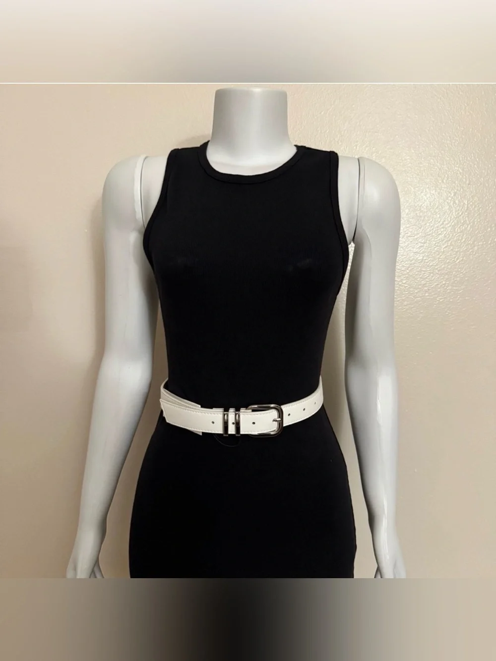 White PU leather silver tone square buckle minimalist style belt